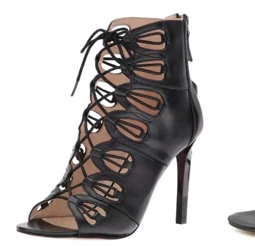 Nine West Leslie Black Leather Cage Stiletto Sandals Size 8M